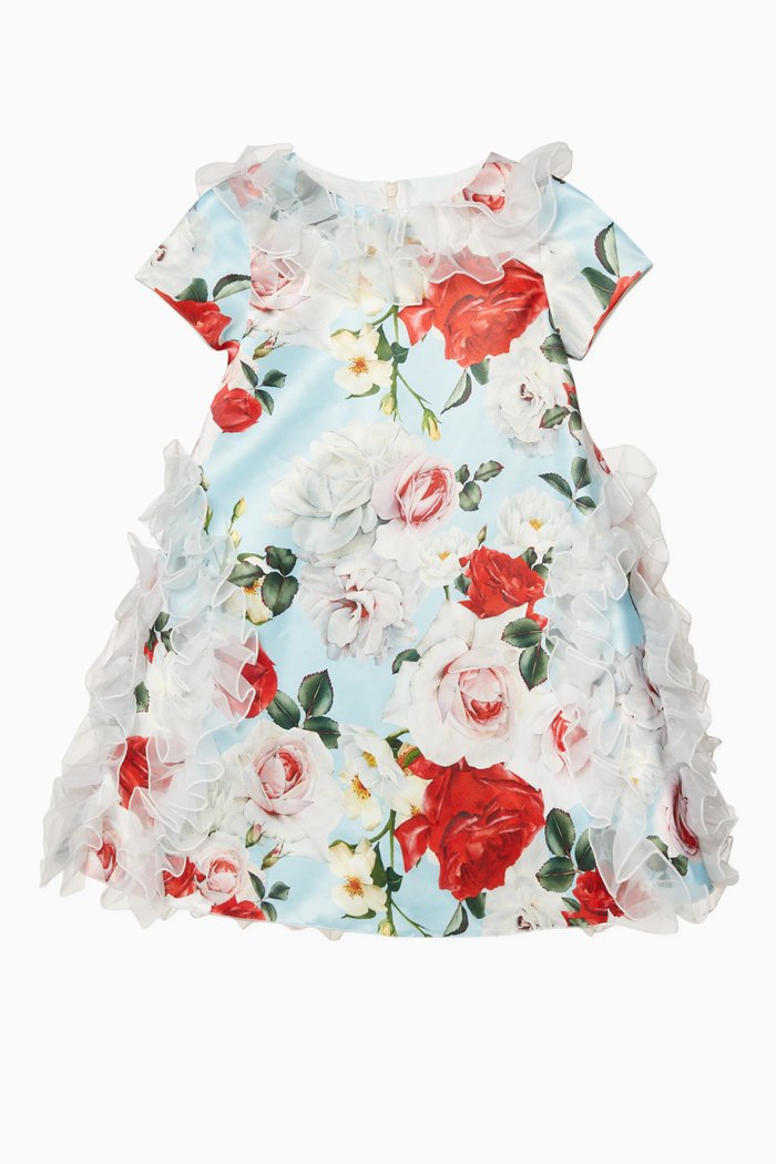 

Floral Printed Dress with Ruffled Trims in Satin, Multicolour