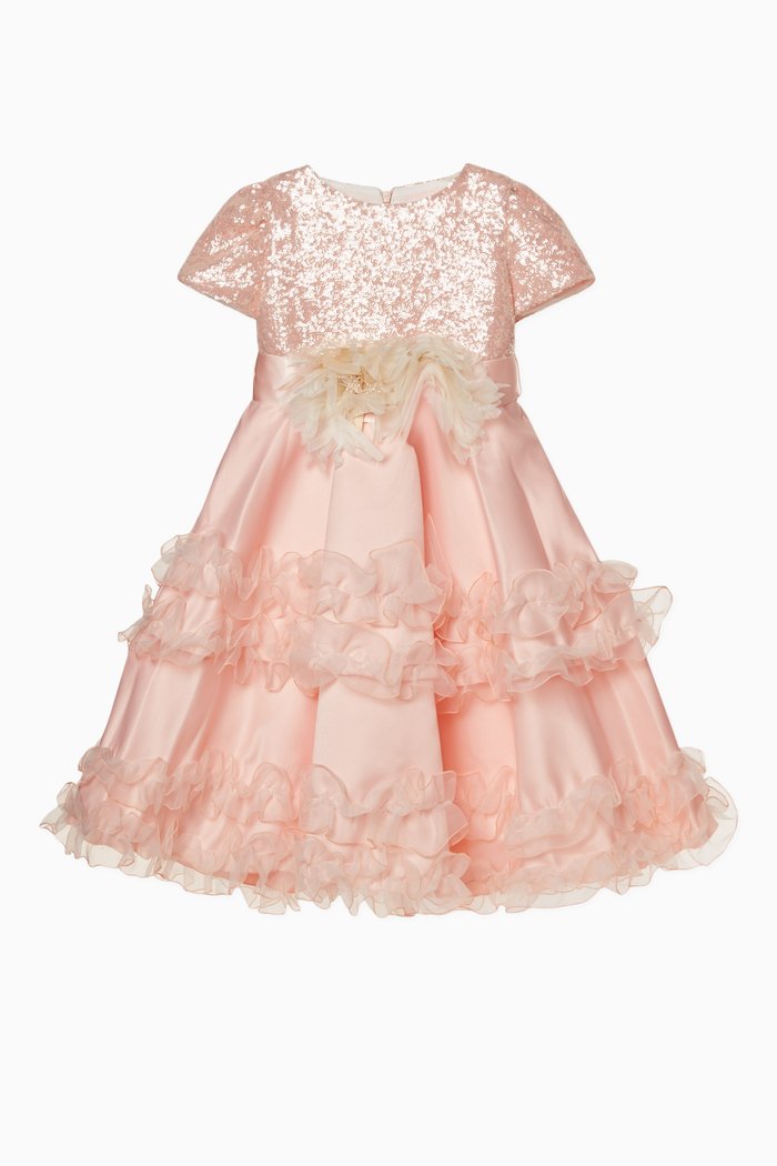 

Sequined Dress with Ruffle Tulle Trims, Pink