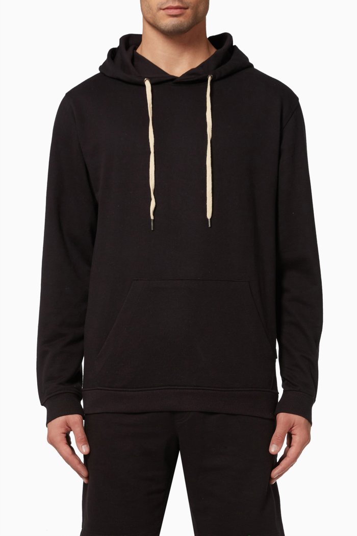 

Heathered French Terry Pull-Over Hoodie in Cotton Blend, Black
