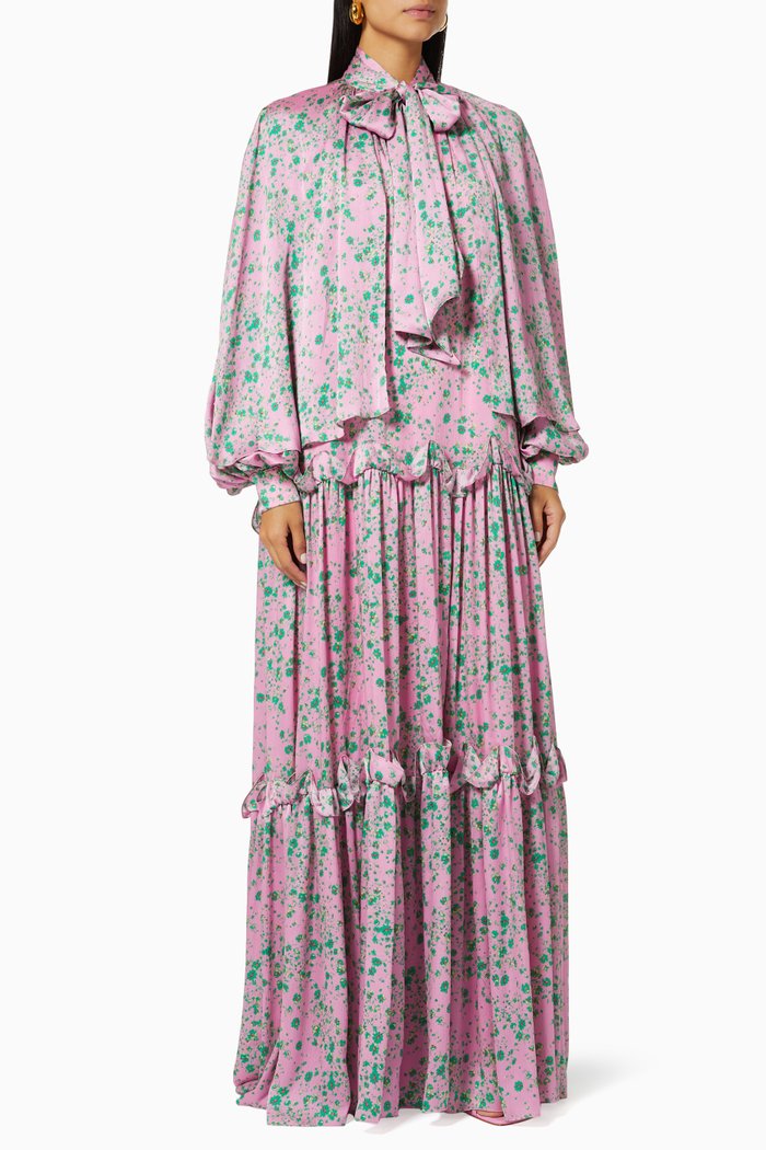 

Bow Collar Maxi Dress in Crêpe, Pink