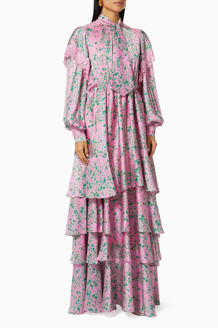 

Tie Collar Layered Maxi Dress in Crêpe, Pink
