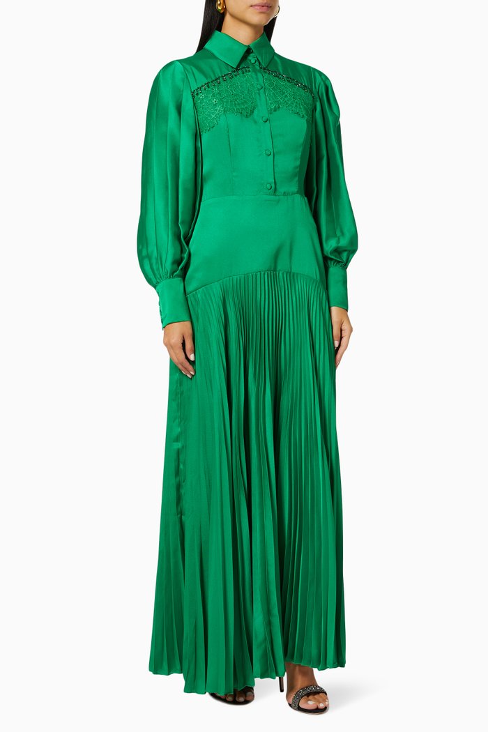 

Pleated Maxi Dress in Satin, Green