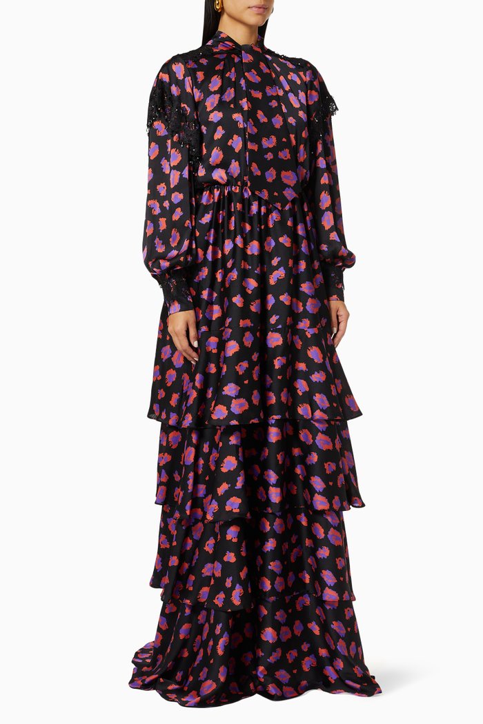 

Tie Collar Layered Maxi Dress in Crêpe, Multicolour