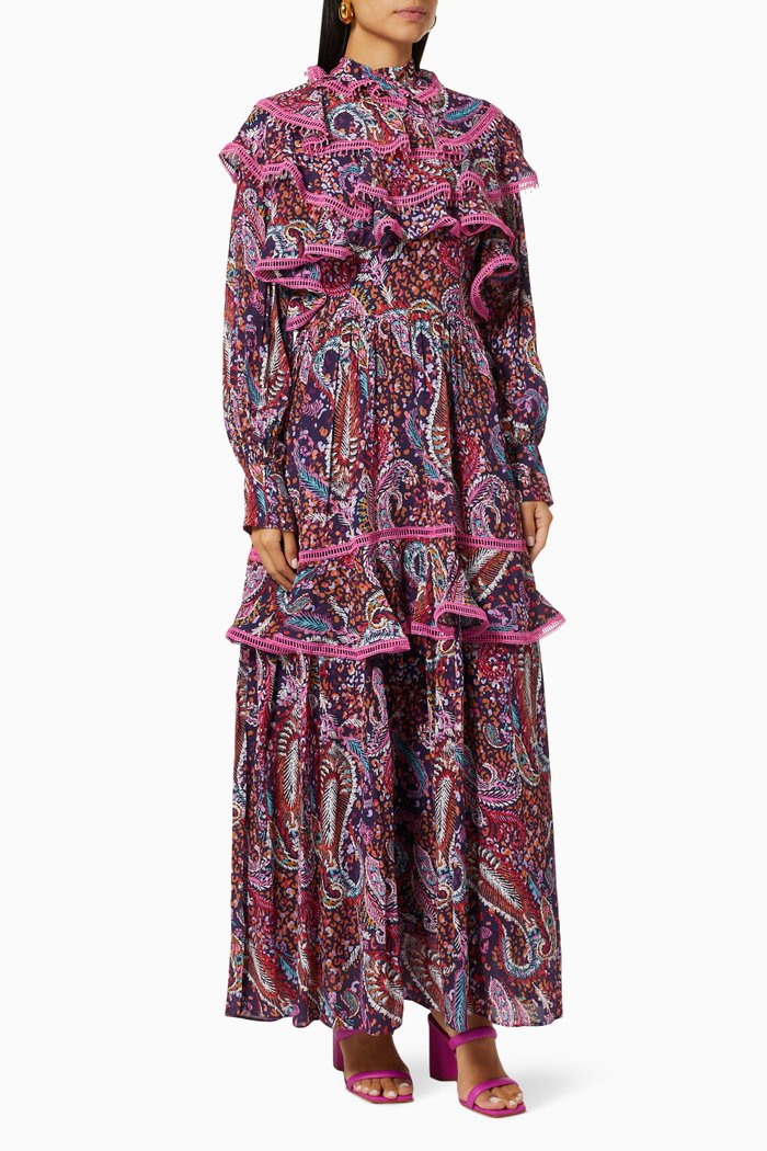 

Printed Ruffle Maxi Dress in Chiffon, Multicolour