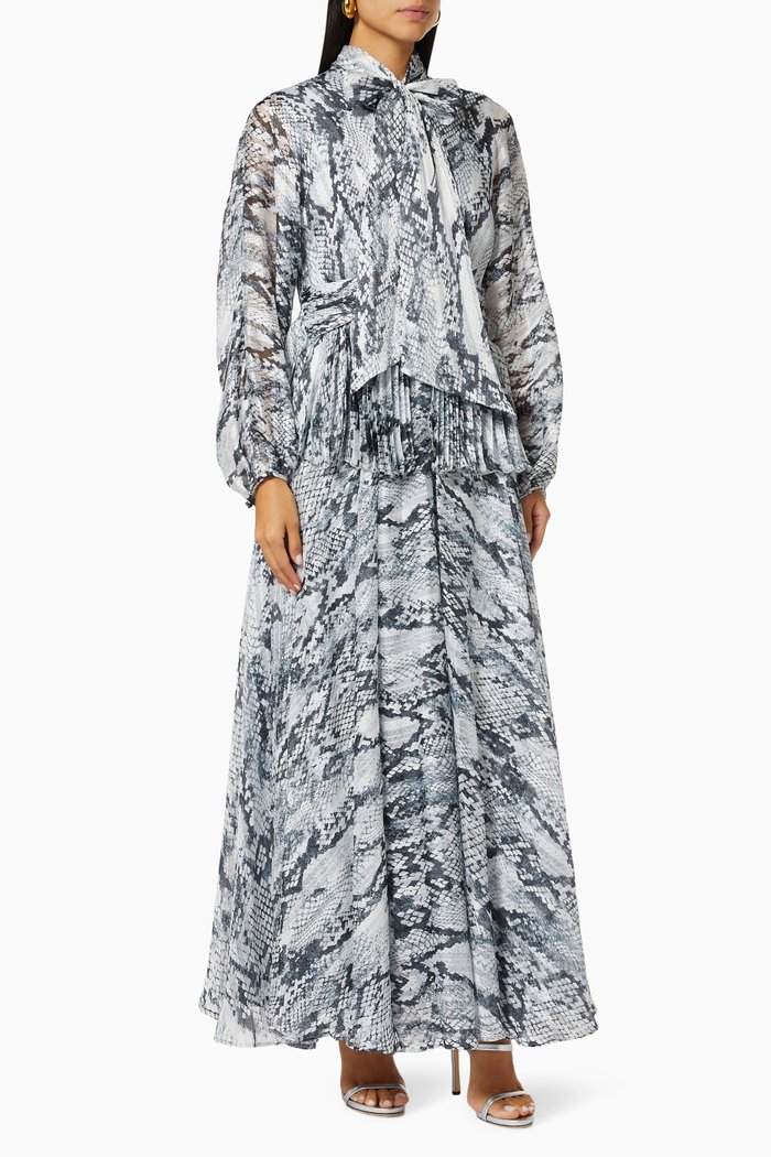 

Snake Print Maxi Dress in Chiffon & Striped Lurex, Grey
