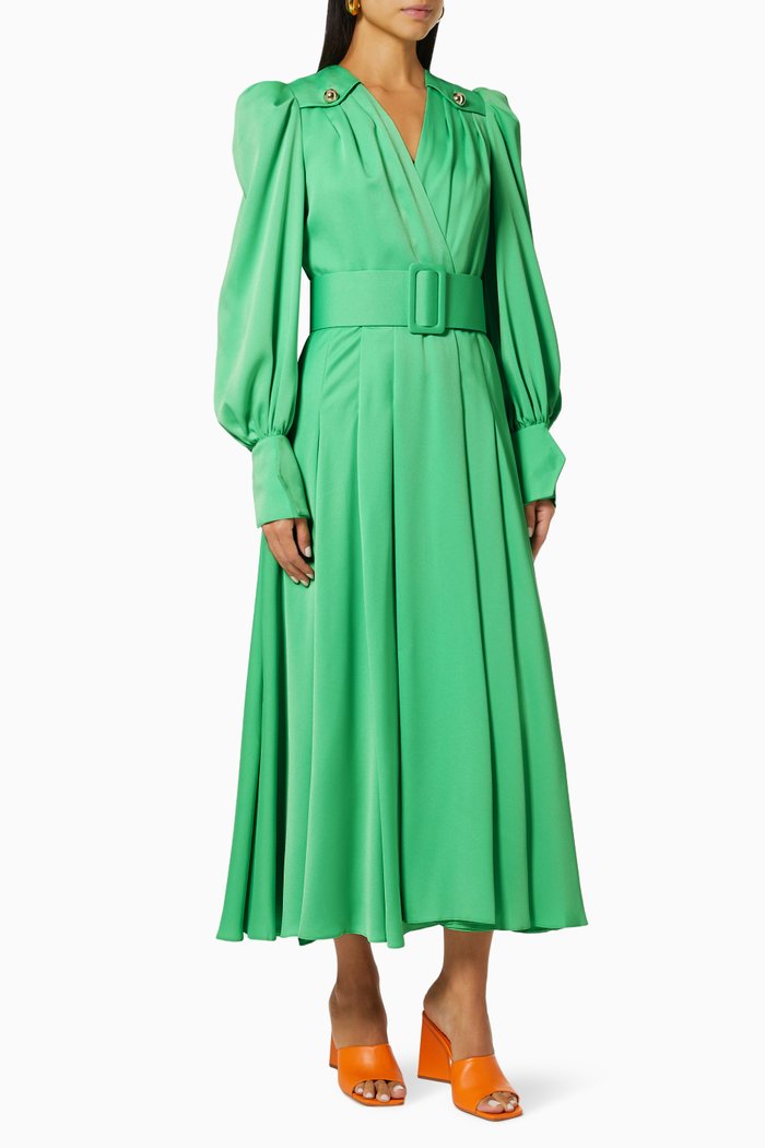 

Belted Ankle Length Dress in Crêpe, Green