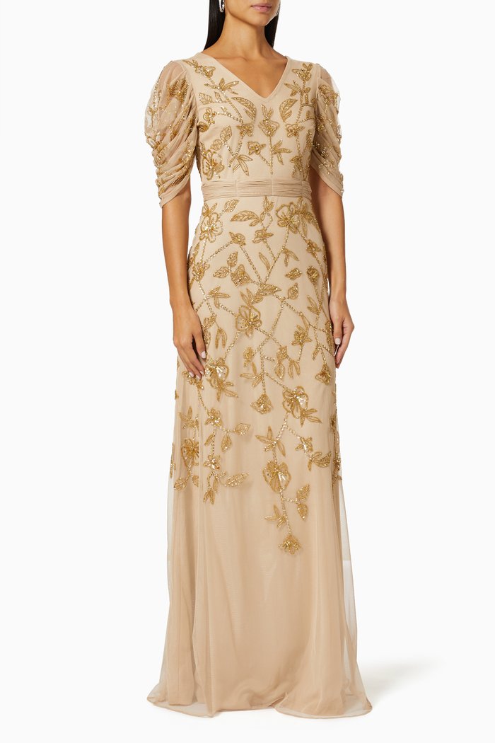 

Ruched Sleeve Gown in Beaded Tulle, Gold