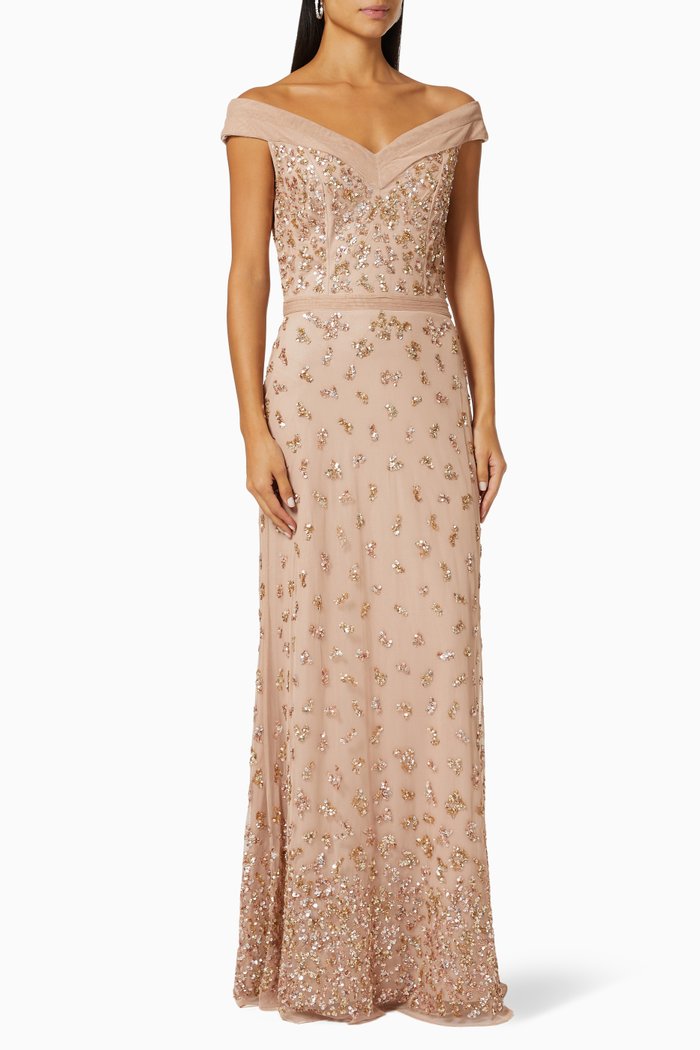 

Off Shoulder Gown in Sequin Tulle, Gold