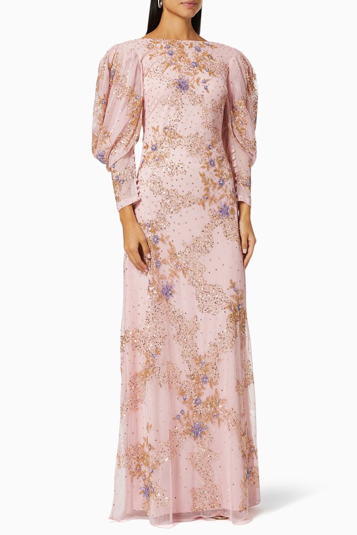 

Puff Sleeve Gown in Beaded Tulle, Pink