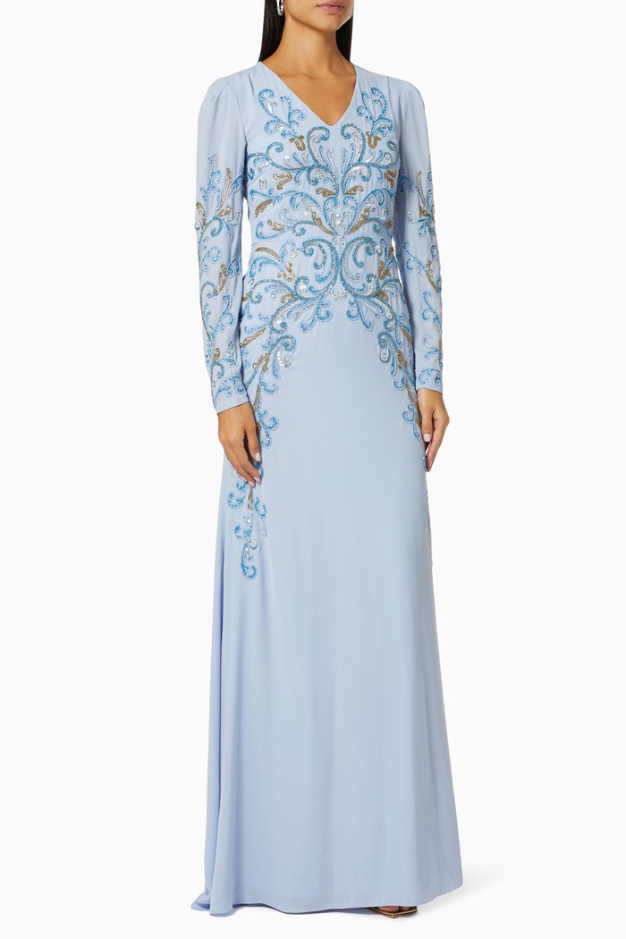 

Long Sleeve Gown in Beaded Crepe, Blue