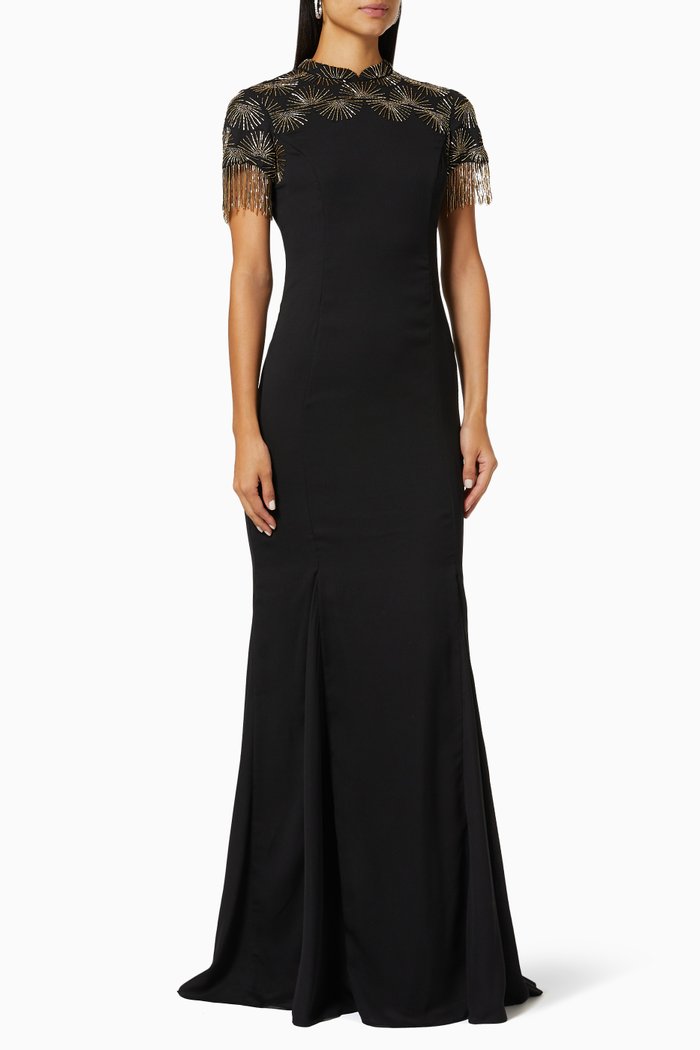 

High Neck Gown in Beaded Crepe, Black