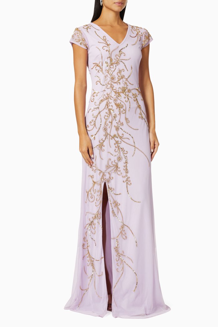 

Cap Sleeve Gown in Beaded Tulle, Purple