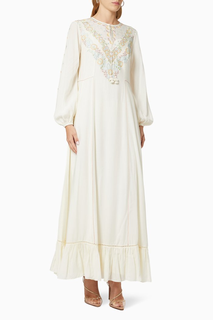

Floral Embroidered Kaftan in Cotton, Neutral