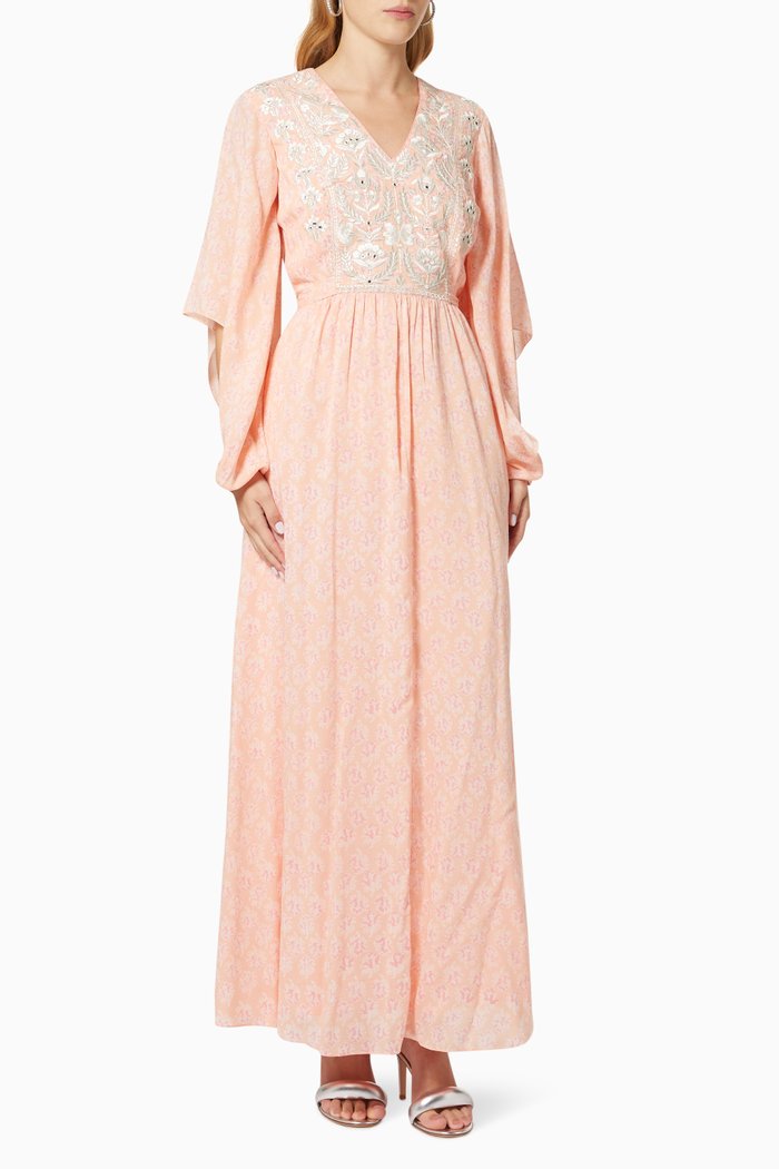 

Floral Embroidered Kaftan in Cotton, Pink