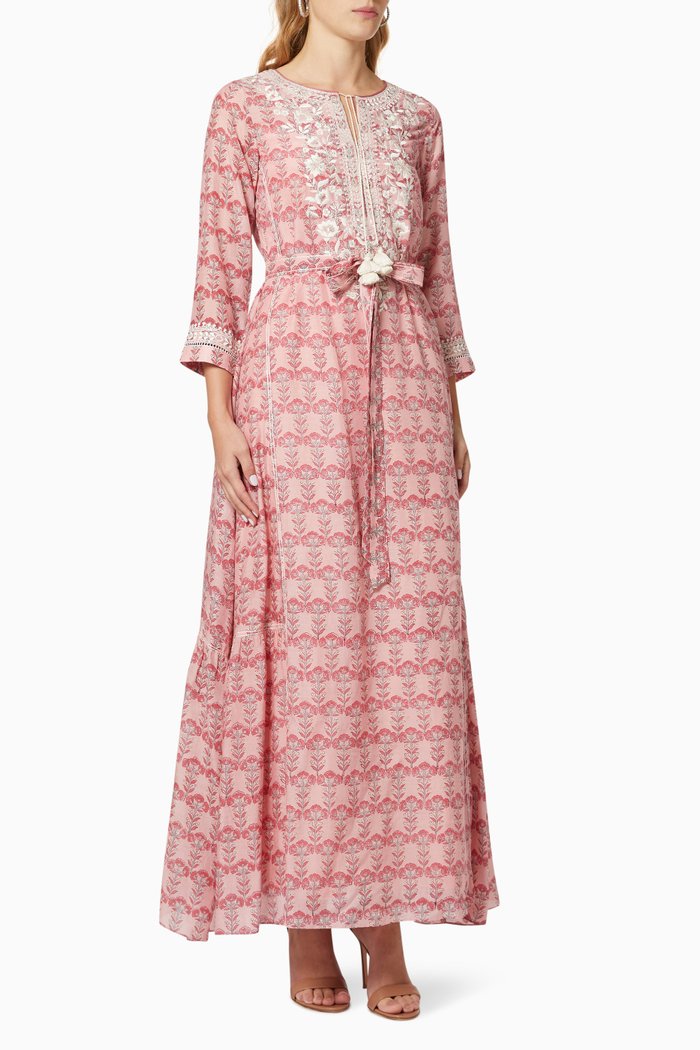 

Floral Print Belted Kaftan, Pink