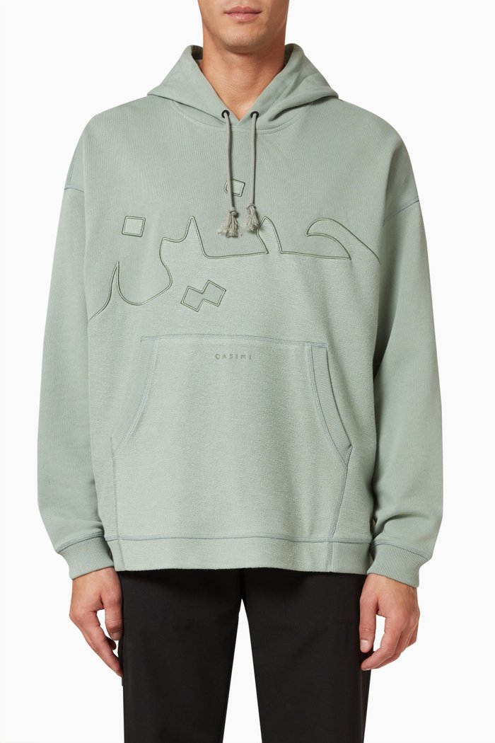

Haksh Appliqué Panel Hoodie in Cotton Fleece, Green