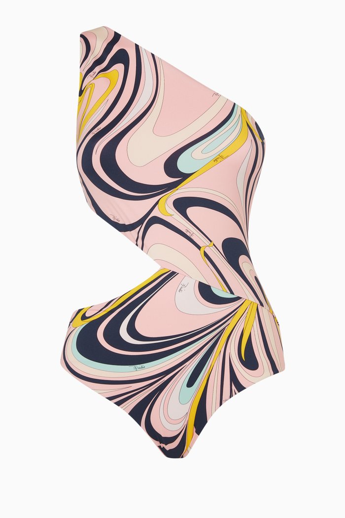 

Onde Print One-Shoulder Swimsuit in Lycra, Pink