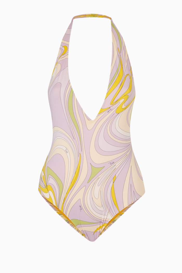 

Onde Print Halterneck Swimsuit in Lycra, Purple