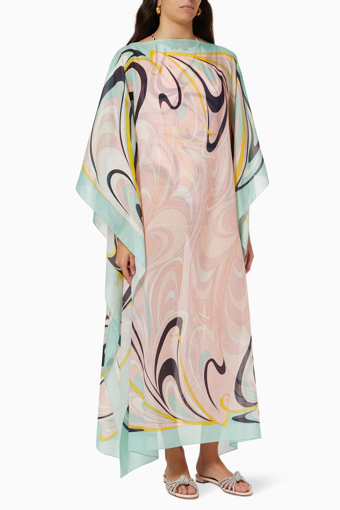 

Onde Print Kaftan Coverup Dress in Cotton, Pink