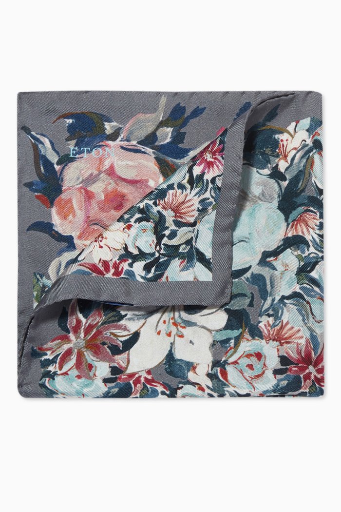 

Floral Pocket Square in Silk, Grey