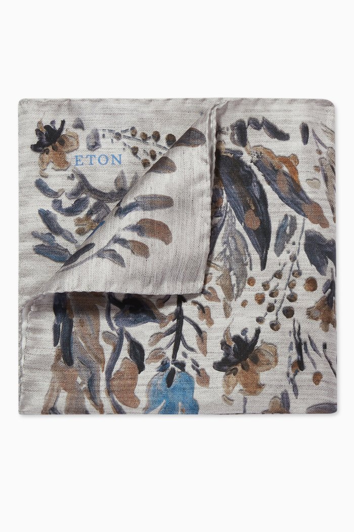 

Floral Pocket Square in Fuji Silk, Grey