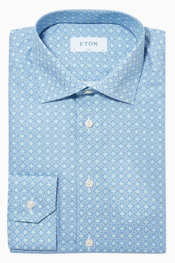 

Slim-Fit Medallion Shirt in Cotton Blend, Blue