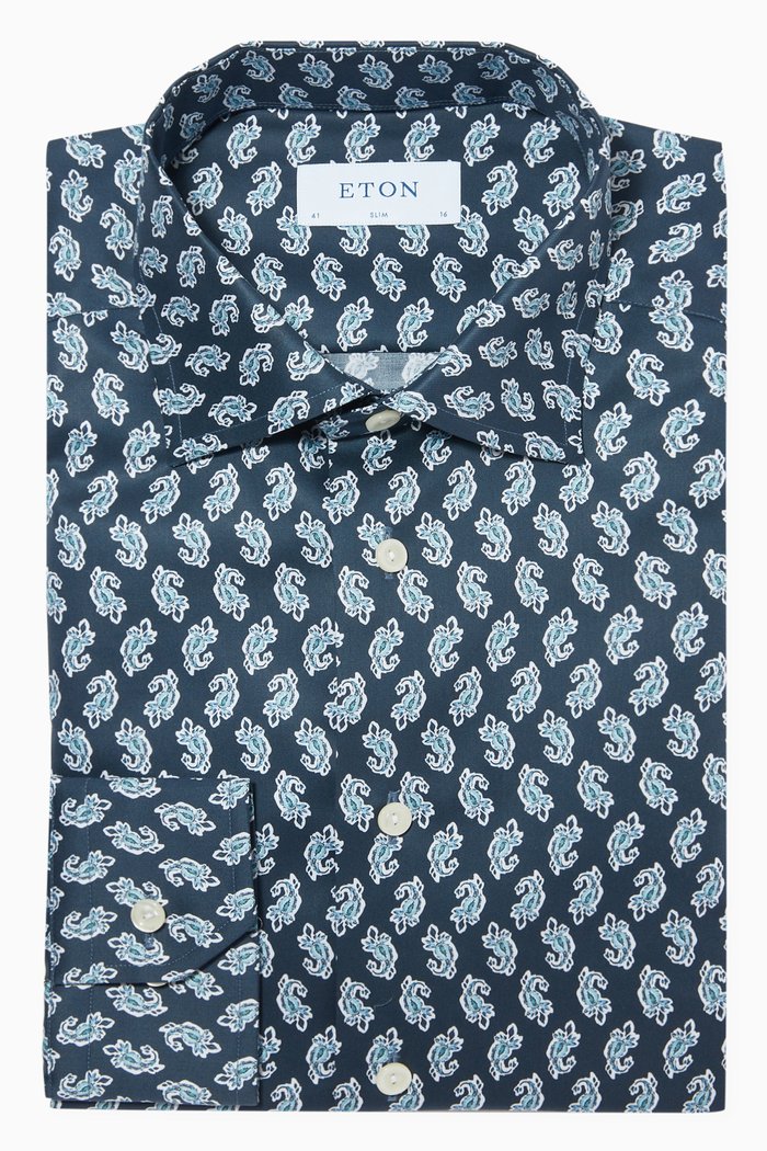 

Slim-Fit Paisley Shirt in Cotton Twill, Blue