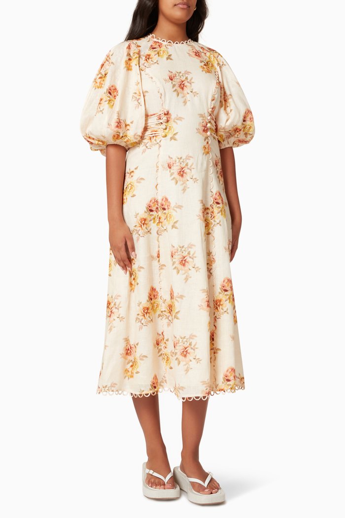 Rosa Laced Midi Dress in Linen, Pink