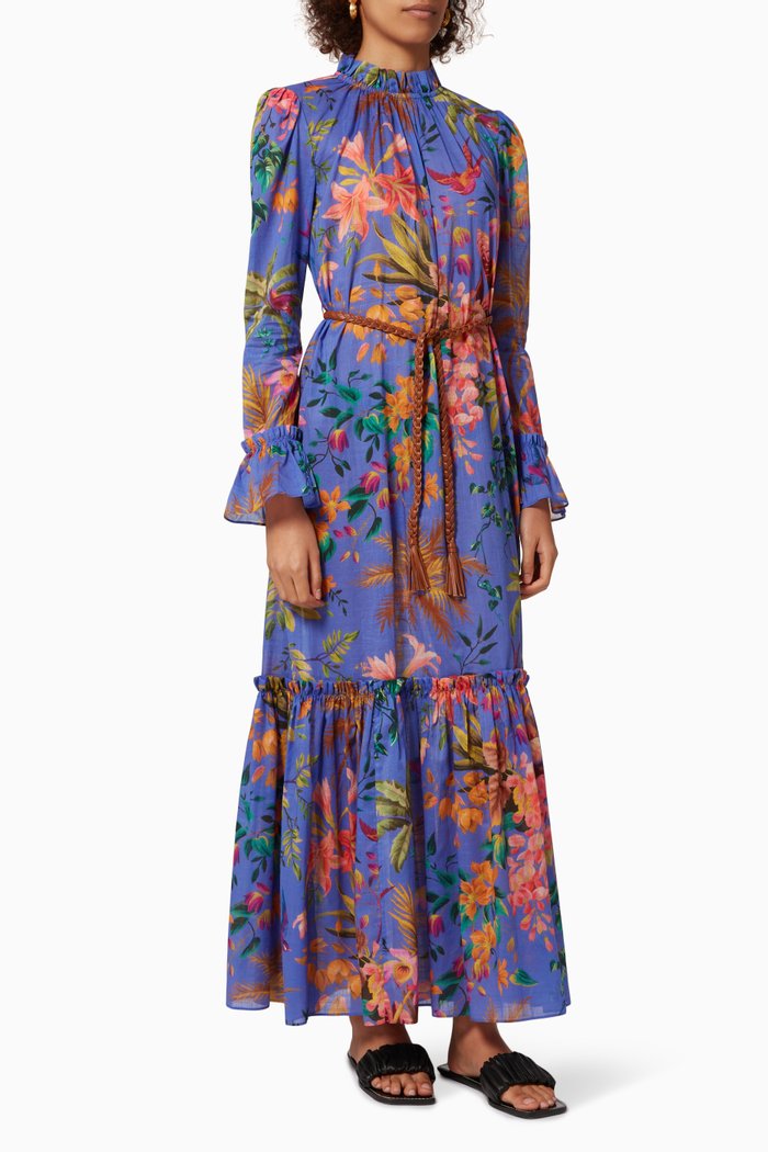 

Tropicana Frill Midi Dress in Cotton, Blue