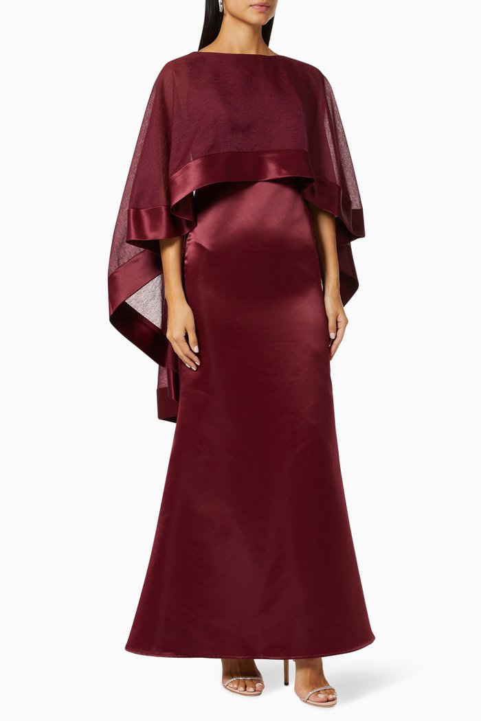 Asymmetric Cape Dress in Satin, Burgundy