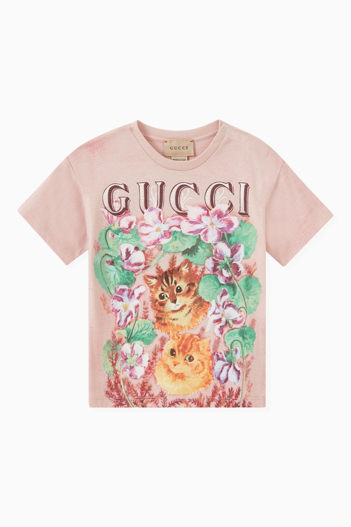 Cat Print T-shirt in Cotton Jersey, Pink