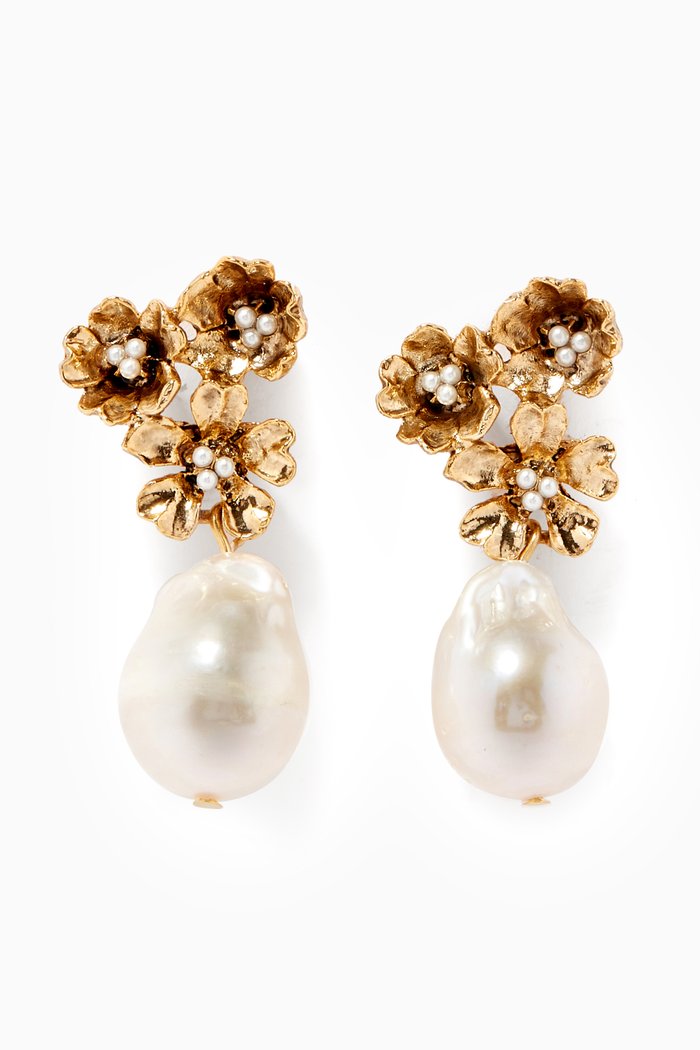 

Floral Pearl Pendant Earrings, Gold