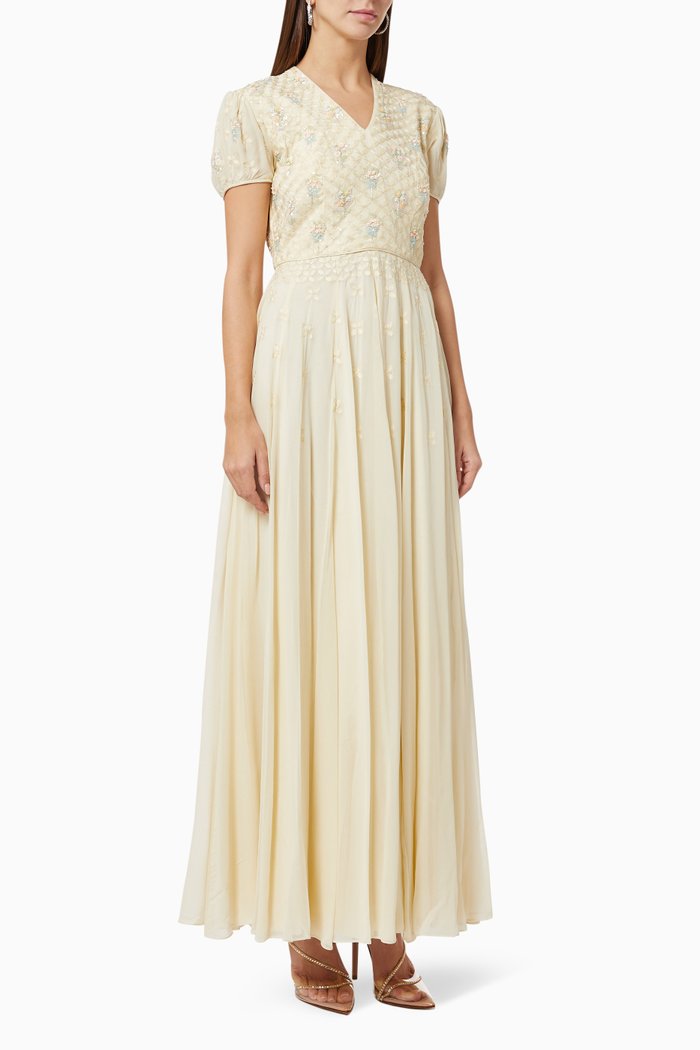 

Beaded Floral Embroidered Dress in Bemberg, White