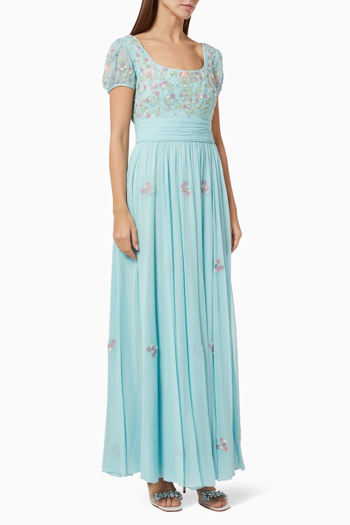 

Sequin Floral Embroidered Dress in Cotton, Blue