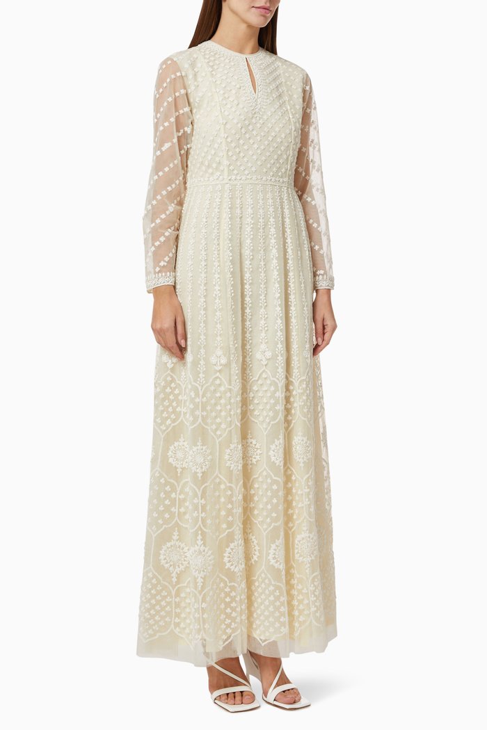 

Floral Embroidered Dress in Tulle, Neutral