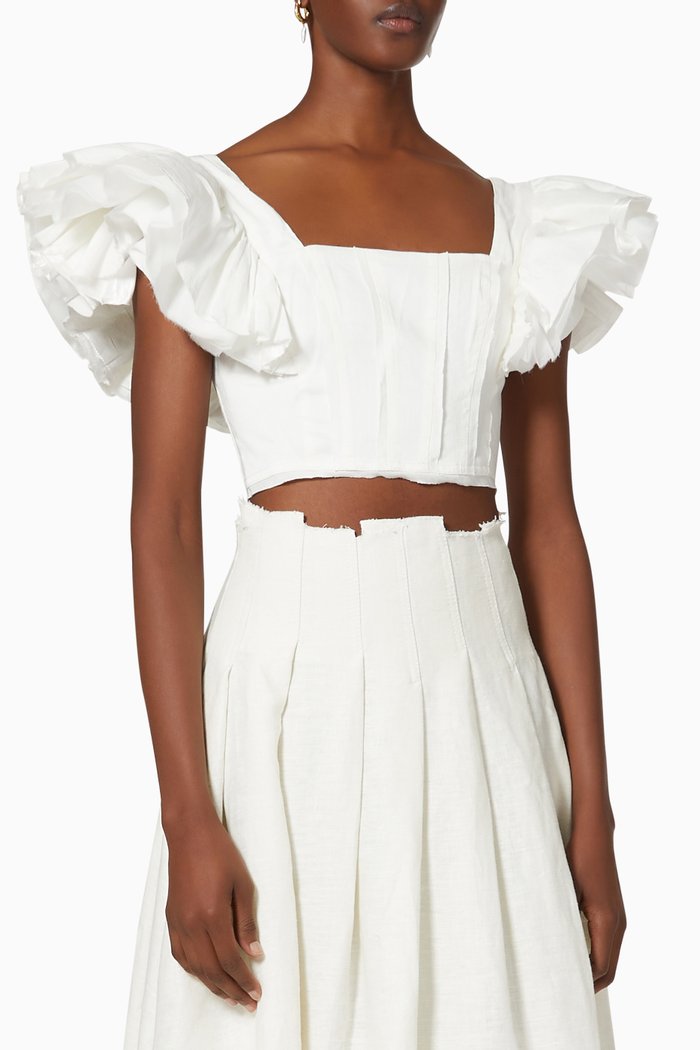 

Vanades Frill Crop Top in Linen Blend, Neutral