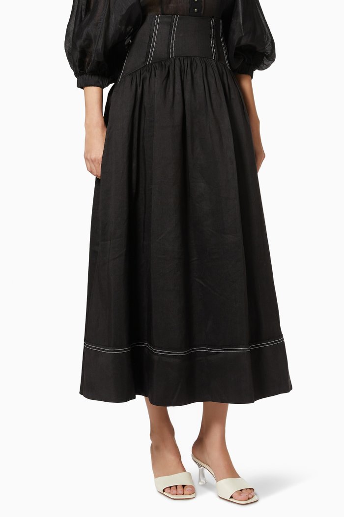 

Vanades Flare Midi Skirt in Linen Blend, Black