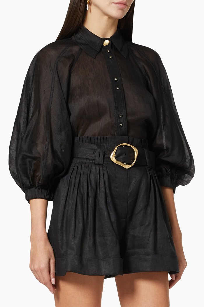 

Palms Puff Sleeve Shirt in Linen & Silk, Black