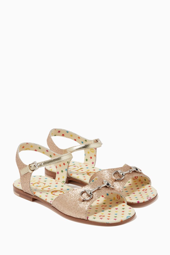 

Horsebit Glitter Sandals, Gold