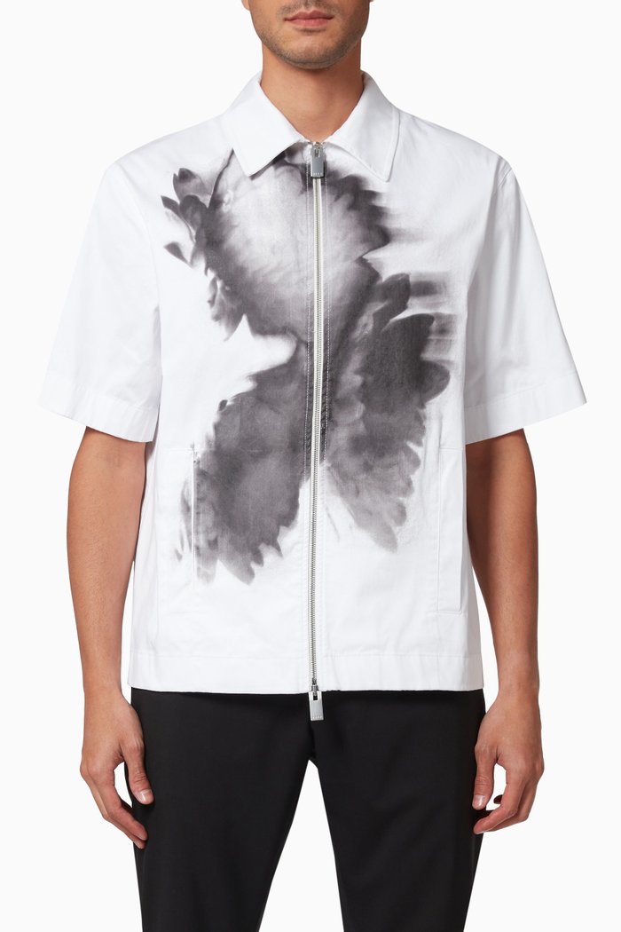 

Flower Print Zip Shirt in Cotton Poplin, White