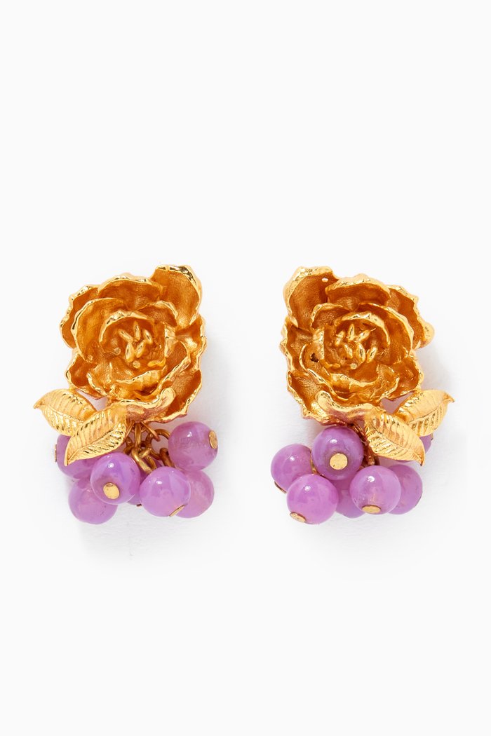 Peony Earrings in 24kt Gold-Plated Bronze, Purple