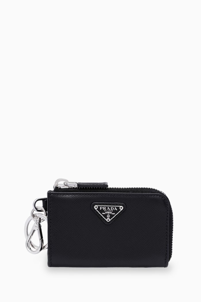 

Triangle Logo Zip Pouch in Saffiano Leather, Black