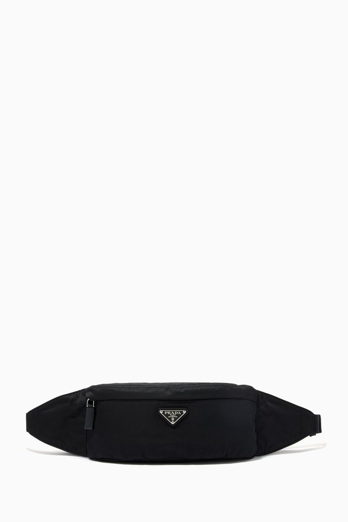 

Triangle Logo Belt Bag in Re-Nylon & Saffiano Leather, Black