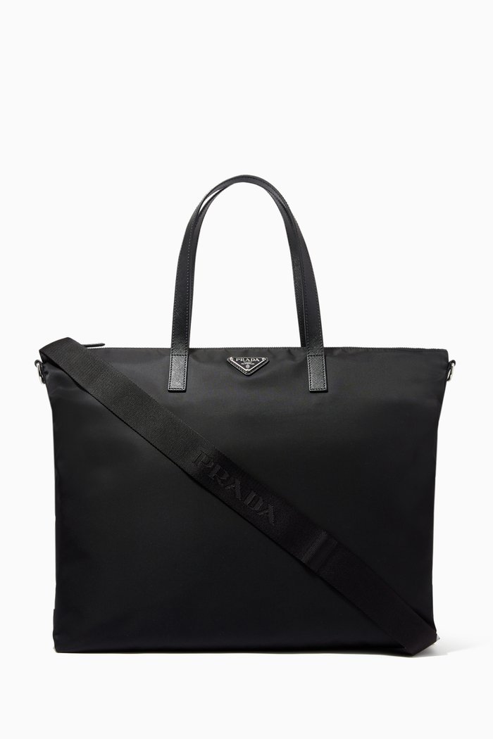 

Triangle Logo Tote Bag in Re-nylon & Leather, Black