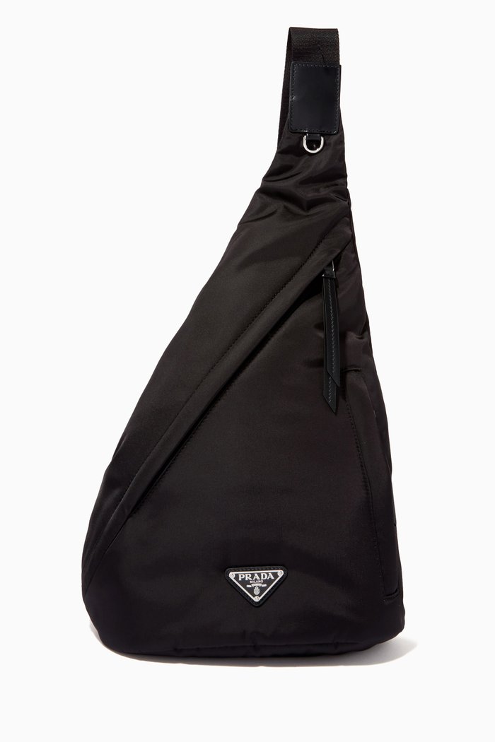 One Shoulder Backpack in Re-Nylon and Leather, Black