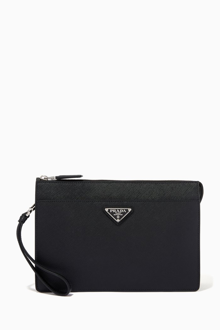 

Triangle Logo Pouch in Saffiano Leather, Black