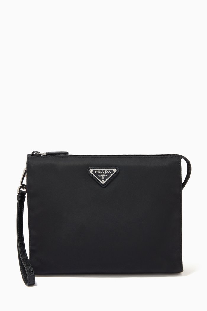 

Triangle Logo Pouch in Re-Nylon & Saffiano Leather, Black