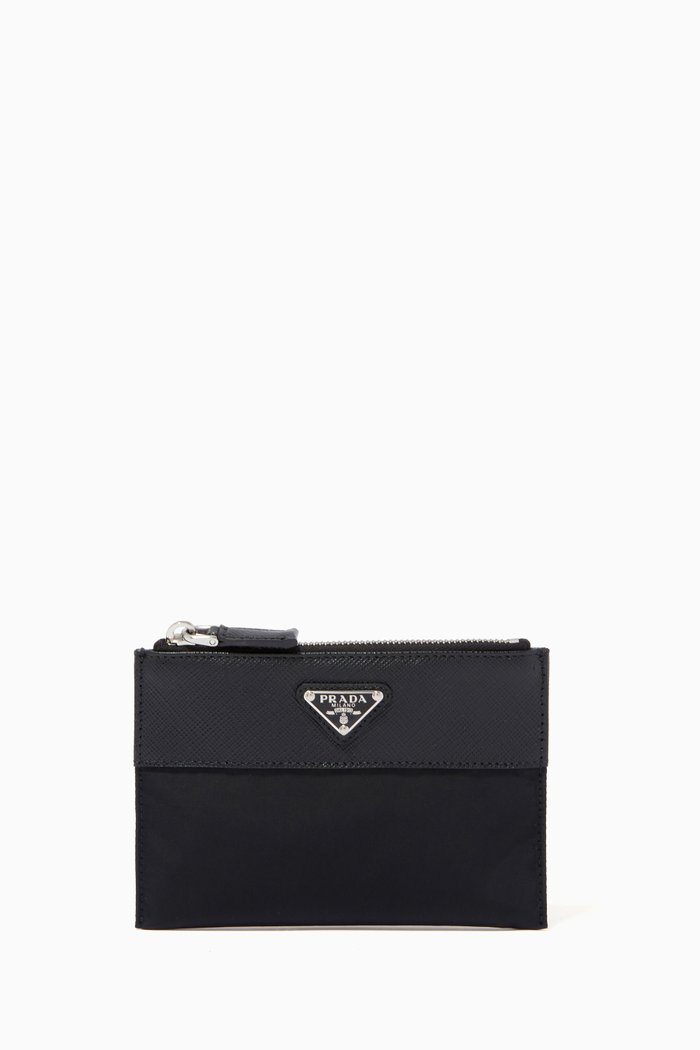 

Triangle Logo Small Pouch in Re-Nylon & Saffiano Leather, Black