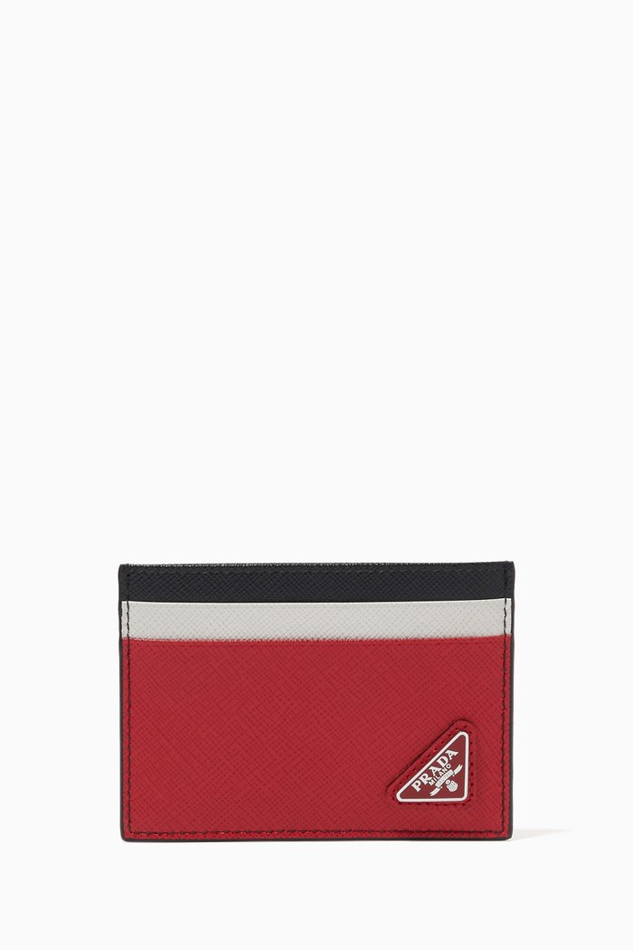 Triangle Logo Card Holder in Colour-block Saffiano Leather, Black