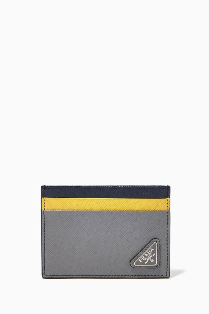

Triangle Logo Card Holder in Colour-block Saffiano Leather, Blue